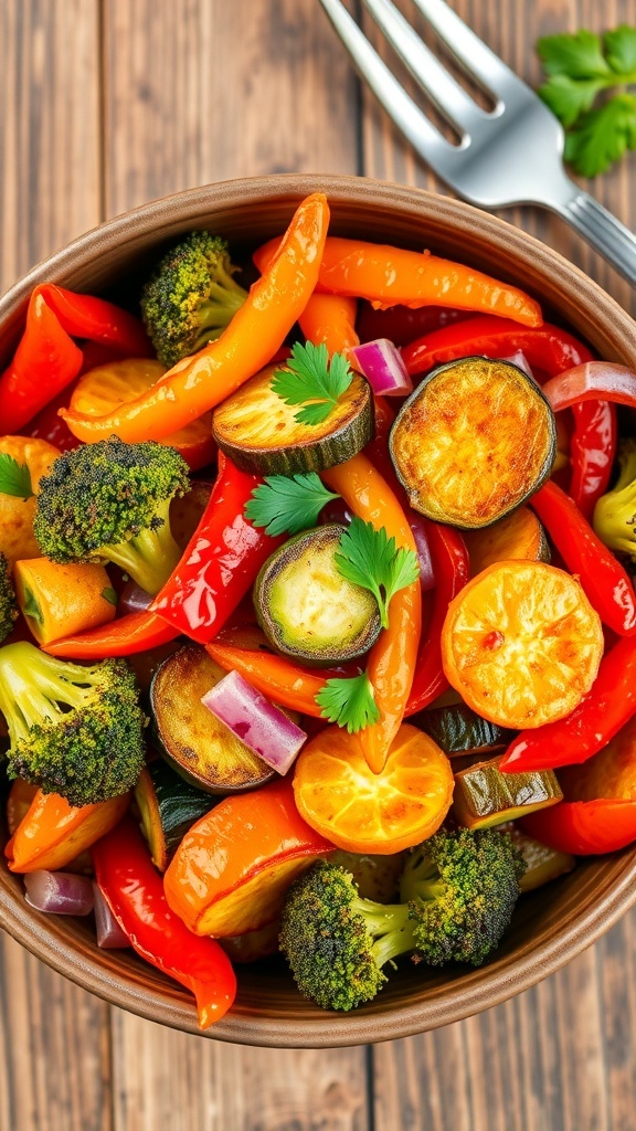 A bowl of crispy air-fried vegetables including bell peppers, zucchini, and broccoli, garnished with parsley on a wooden table.